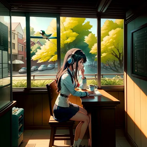 In a stylish cafe、A high school girl sitting at the counter is listening to music with headphones。She has her study materials lined up on her desk.、They are studying with a serious look on their face.。The cafe&#39;s interior is decorated in bright anime-li...