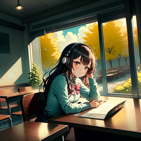 In a stylish cafe、A high school girl sitting at the counter is listening to music with headphones。She has her study materials lined up on her desk.、They are studying with a serious look on their face.。The cafe&#39;s interior is decorated in bright anime-li...