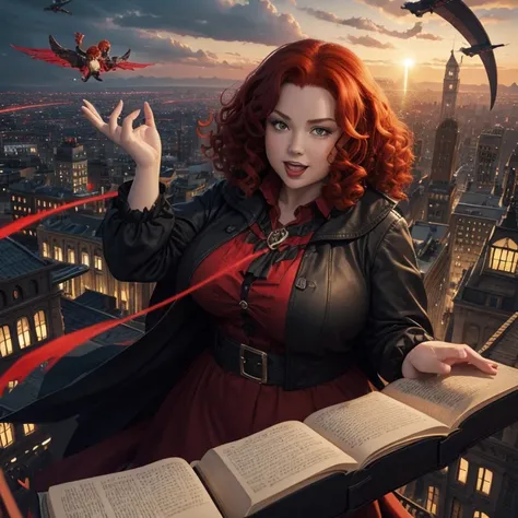 Woman with curly red hair, a little chubby, evil witch, red and black clothes, evil book, flying over the city,Magic effects in one hand