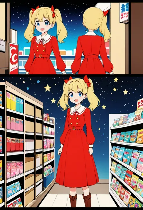 Candy Candy by Toei Animation, detailed art style, vintage aesthetic, emotional melodrama, inspired by Keiko Nagita and Yumiko Igarashis original manga, in a midnight convenience store, starry night, vignettes, comic, dress, blonde_hair, twintails, boots, ...