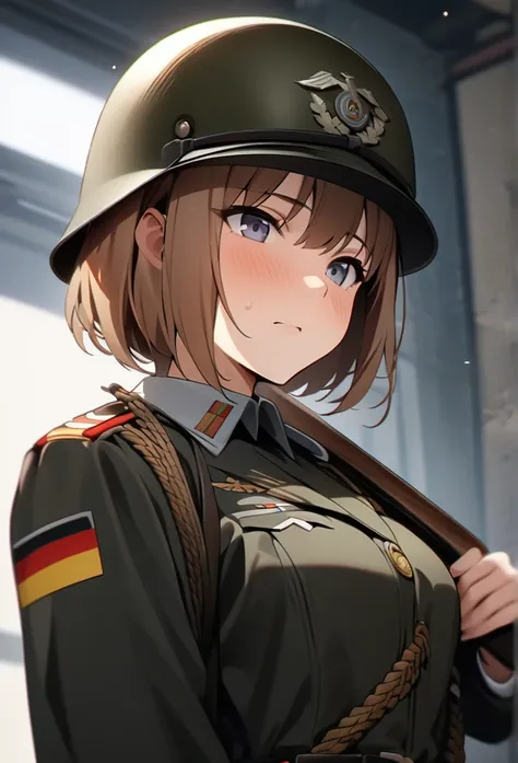 High quality, high definition images, full HD、8k.1 girl solo.old german military uniform,short hair,Chestnut hair.Carrying a rifle on his shoulder, Wearing a German military helmet、


