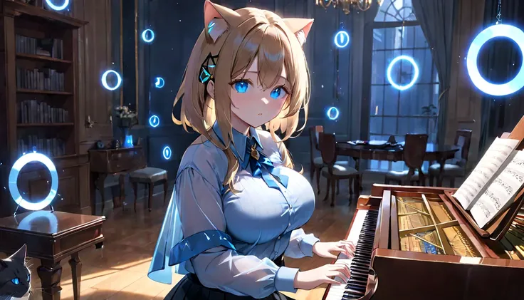 (masterpiece, best quality, very aesthetic, absurdres,general) ,
1girl, solo,、music room、Girl playing classical piano、Cat ear、clear eyes,artificial intelligence,Glowing triangular magic circle,Sad expression, beautiful girl, big breasts, blue cut shirt