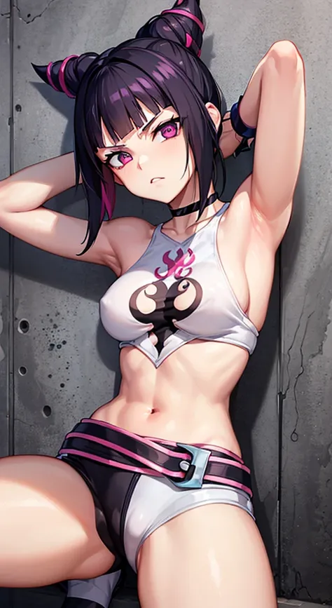 Juri Han,Masterpiece, Best Quality, 1girl, report, crop-top, jean shorts, Choker, (graffiti:1.aint splatter, (Hands Behind Your Back), Against a wall, looking a viewer, A bracelet, thigh strap, Paint on the body, tilt of head, bored, fiery hair color, Rain...