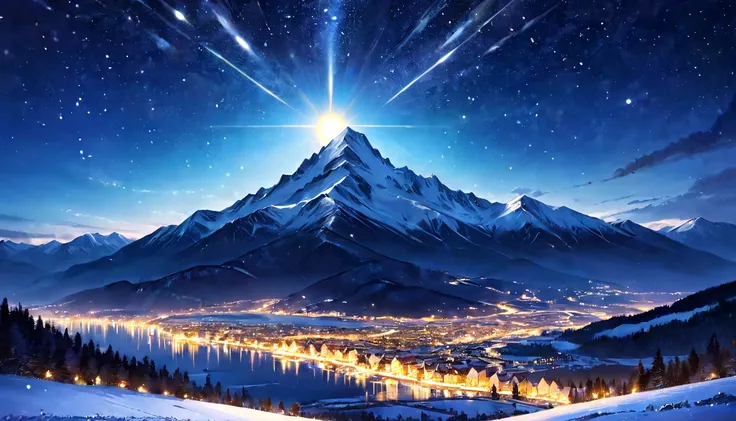 (masterpiece, best quality, very aesthetic, absurdres,general),Landscape with twinkling stars at night, mountains visible in the distance, snow on the top of the mountain,sun