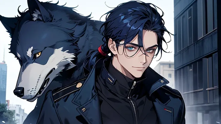 masterpiece, highest quality, confused, male,dark blue hair, low ponytail,Black and navy blue pilot suit,expensive,,Carrying wolves,He has a navy blue coat draped over his shoulders.,There&#39;There&#39;there&#39;s no one behind me,dark blue eyes,smile a l...