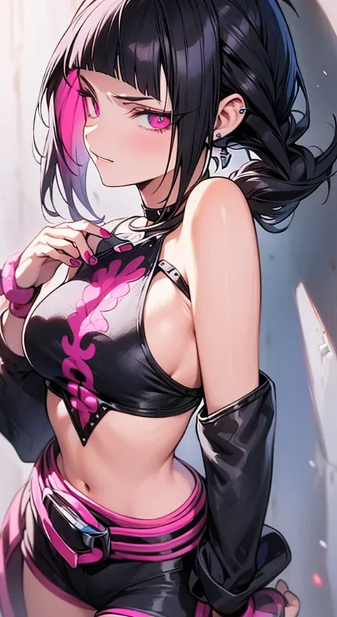 Juri Han,Masterpiece, Best Quality, 1girl, report, crop-top, jean shorts, Choker, (graffiti:1.aint splatter, (Hands Behind Your Back), Against a wall, looking a viewer, A bracelet, thigh strap, Paint on the body, tilt of head, bored, fiery hair color, Rain...