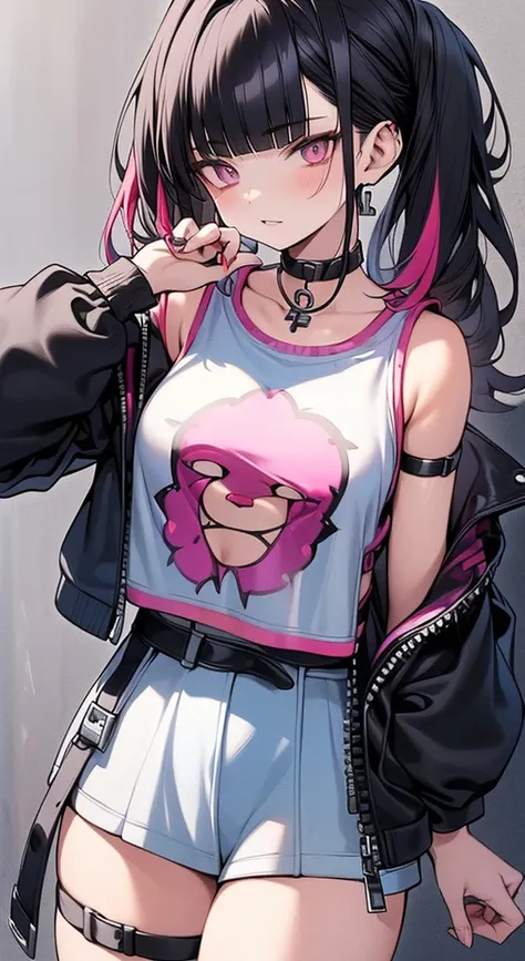 Juri Han,Masterpiece, Best Quality, 1girl, report, crop-top, jean shorts, Choker, (graffiti:1.aint splatter, (Hands Behind Your Back), Against a wall, looking a viewer, A bracelet, thigh strap, Paint on the body, tilt of head, bored, fiery hair color, Rain...