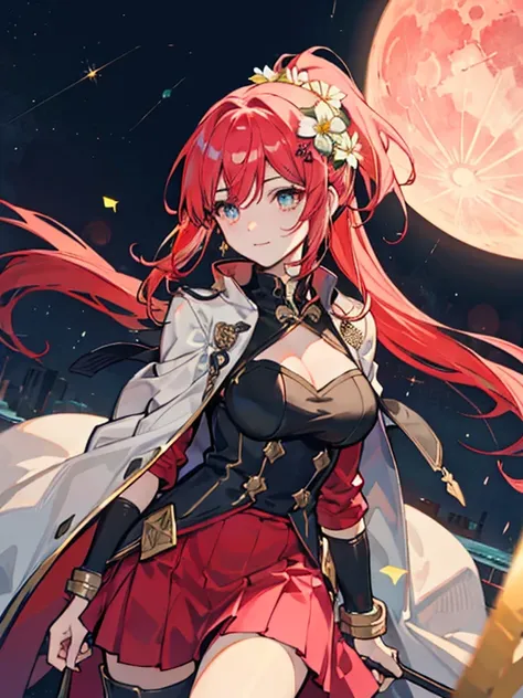 (masterpiece, highest quality,8K quality) adult woman, married woman, red long hair，Tense atmosphere, red long skirt, 黒のロングboots, wife, Wearing black mage robes, 50 year old woman looking away, detailed face, fine eyes, 暗赤colorの目, thin droopy eyes, {{{narr...