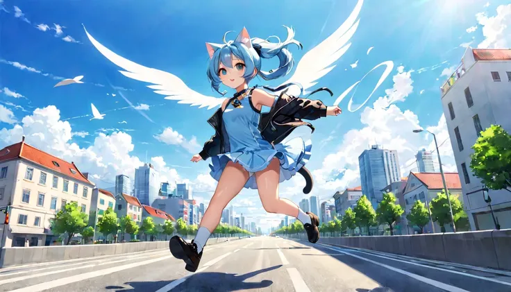 （one girl）、Cat ear、In the middle of the city road、ponytail woman、Light blue hair、Girl flying in the sky