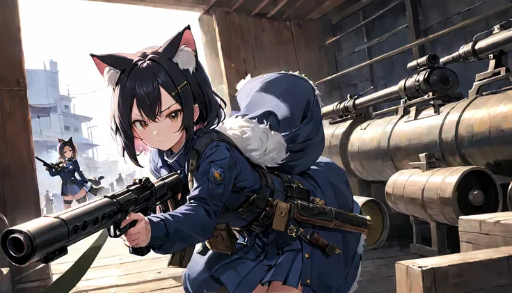 Cat ear、girl、He has a gun pointed at me、Composition with the gun barrel visible from the front