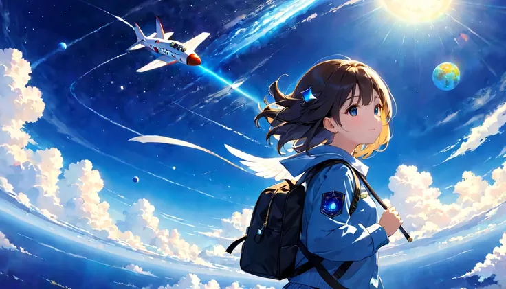 girl flying in the sky、Flight Mode、school bag、deep blue sky、Atmosphere、Cosmic radiation