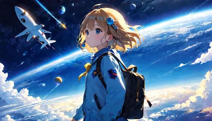 girl flying in the sky、Flight Mode、school bag、deep blue sky、Atmosphere、Cosmic radiation