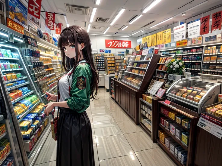 ultra detailed, masterpiece, best quality, aesthetic, detailed, armoury, konbini, cashier, monitor, on shelves there are differents stuffs, ammunition boxes, candys, figurines, alchool, shop, indoors, convenience store at midnight, 1girl, slightly tired, s...