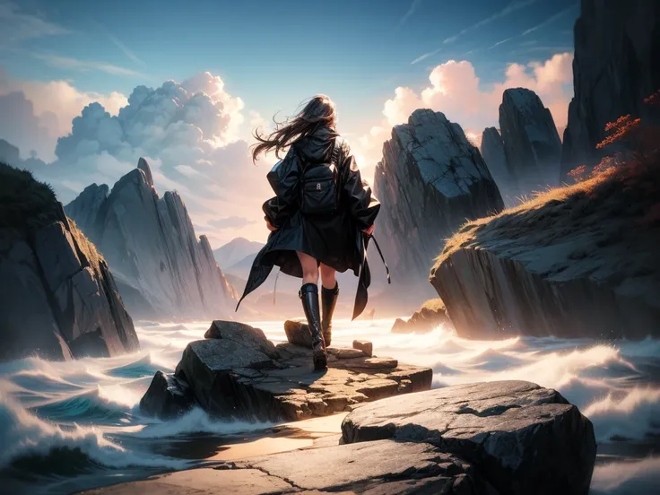 (masterpiece, best quality:1.2), Super details, movie lighting, high dynamic range, illustration, huge rocks serve as habitats in the sea, Fall, sea of clouds, rich and colorful, Woman traveling, mystery, Very detailed, high contrast, golden ratio composit...