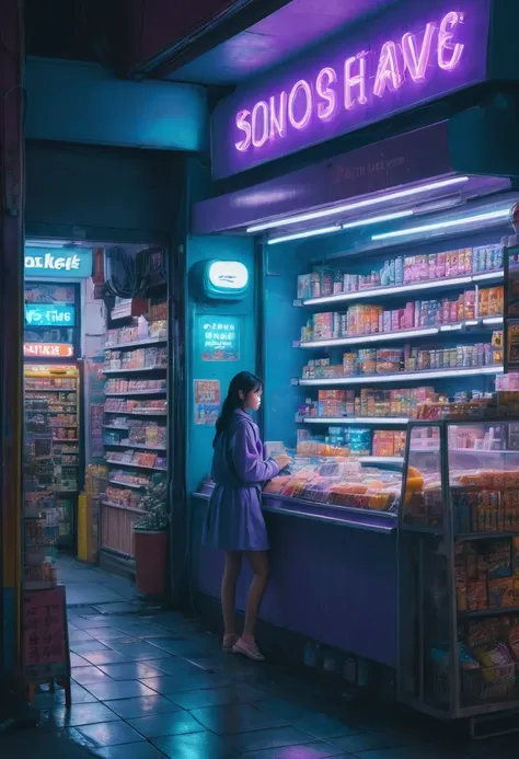 1girl, midnight convenience store, aesthetic, neon night page, vibrant city lights, dimly lit shelves full of snacks and drinks,...