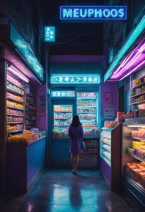 1girl, midnight convenience store, aesthetic, neon night page, vibrant city lights, dimly lit shelves full of snacks and drinks,...