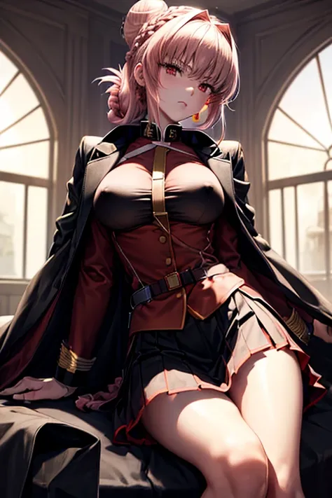 masterpiece,best quality,high resolution,8k,perfect face,(megami magazine:1.2),perfect body,full body(FGO:1.5),(light pink single braid a bun hair:1.3),red eyes,1woman,pale skin,(fighter:1.3),large breasts,large ass,small nipples,(clothed:1.5),(red militar...