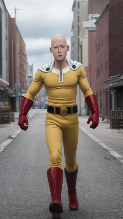 saitama, anime, one punch,  one-punch man ,  1boy, bald, white cape, red gloves, belt, full body, z city ghost town
masterpiece,...