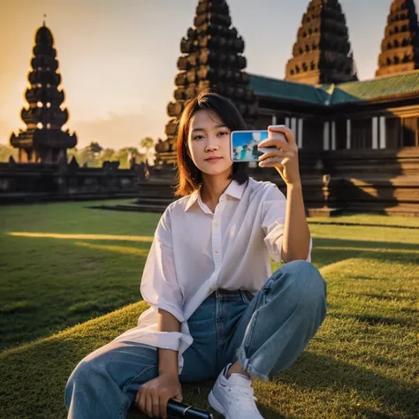 Full body realistic photo of a beautiful woman with a tomboyish Indonesian face, wearing a casual tomboy outfit . The woman is sitting while holding a selfie stick. Prambanan temple background. Sunset

