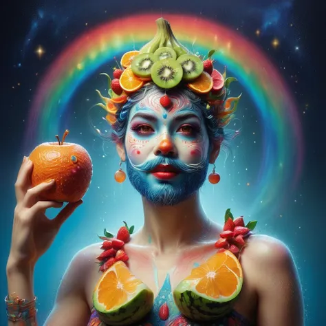 Imaginative depictions of characters made entirely of fruit pulp，The character is standing upright in a casual pose，Maybe one hand holding an apple，Body made of orange，watermelon，kiwi，Strawberries and other colorful fruit slices，A rainbow-like mosaic effec...