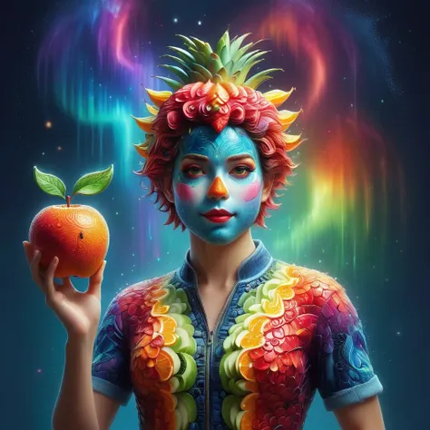 Imaginative depictions of characters made entirely of fruit pulp，The character is standing upright in a casual pose，Maybe one hand holding an apple，Body made of orange，watermelon，kiwi，Strawberries and other colorful fruit slices，A rainbow-like mosaic effec...