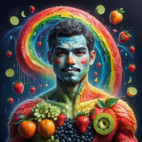 Imaginative depictions of characters made entirely of fruit pulp，The character is standing upright in a casual pose，Maybe one hand holding an apple，Body made of orange，watermelon，kiwi，Strawberries and other colorful fruit slices，A rainbow-like mosaic effec...