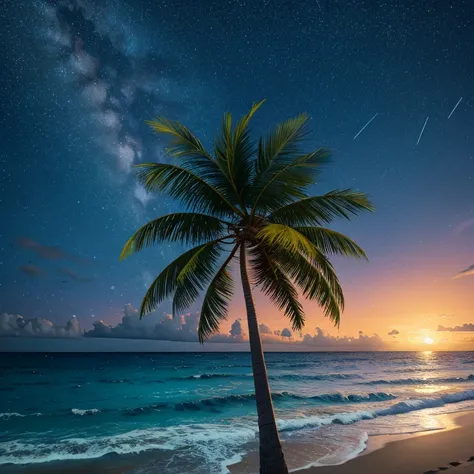 strong winds, sea, beautiful starry night, violently swaying coconut trees, exquisite