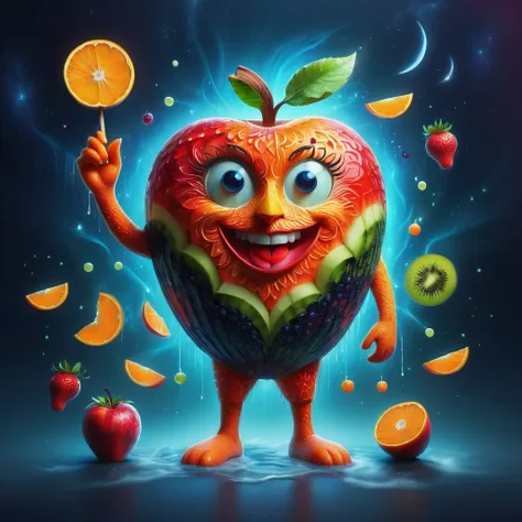 imaginative depictions of characters made entirely of fruit pulp，the character is standing upright in a casual pose，maybe one ha...