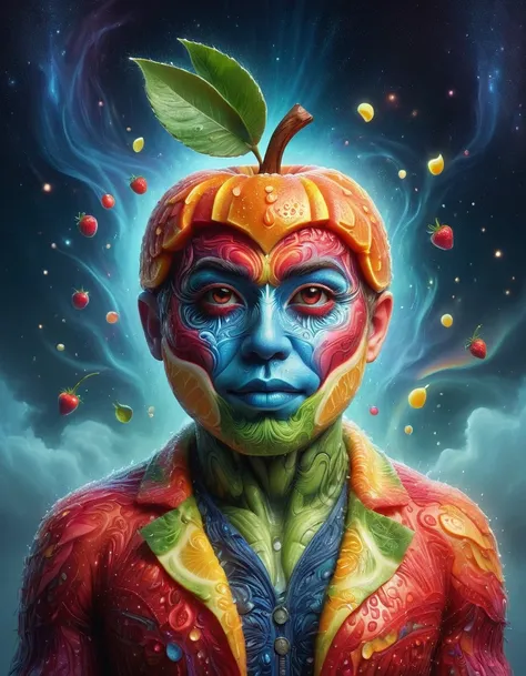 Imaginative depictions of characters made entirely of fruit pulp，The character is standing upright in a casual pose，Maybe one hand holding an apple，Body made of orange，watermelon，kiwi，Strawberries and other colorful fruit slices，A rainbow-like mosaic effec...