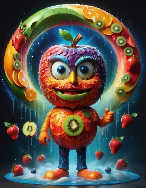 Imaginative depictions of characters made entirely of fruit pulp，The character is standing upright in a casual pose，Maybe one hand holding an apple，Body made of orange，watermelon，kiwi，Strawberries and other colorful fruit slices，A rainbow-like mosaic effec...