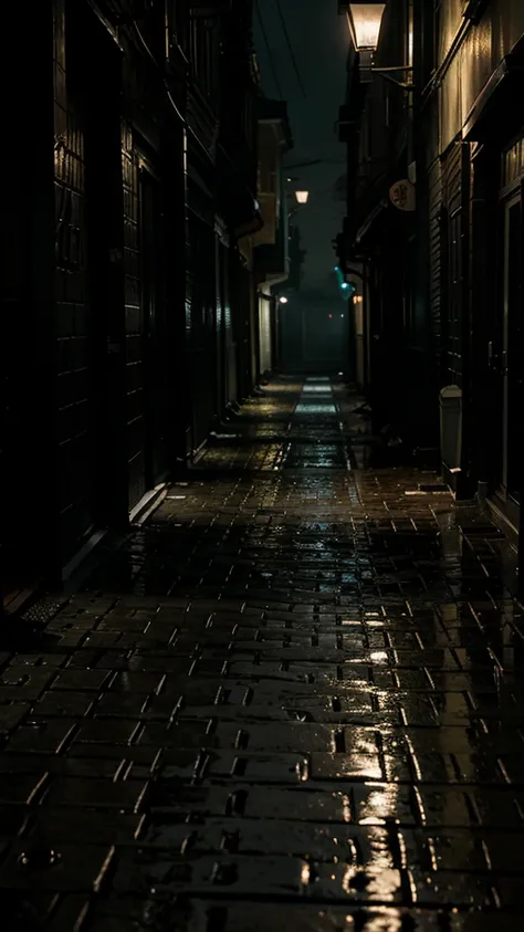 create image of A dark, rain-soaked alley with streetlights casting long shadows.