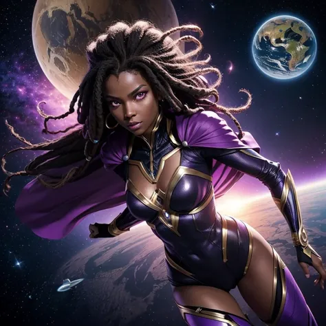 generate an image of an alien woman with purple eyes,black skin, female superhero, alien magic, flying over planet earth,Dread hair, superhero cape,Alien magic wand with star