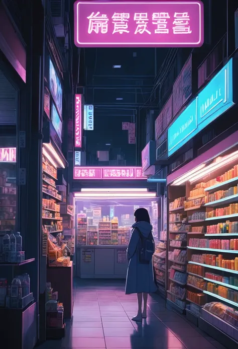 1girl, midnight convenience store, aesthetic, neon night page, vibrant city lights, dimly lit shelves full of snacks and drinks,...