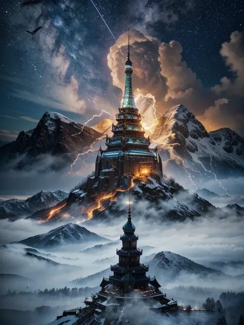 Impressive portrait of mountain a gracefully in the sky fire. was composed of fine white clouds, fine flames, and sparkling  dark blue lightning. The backdrop is a tall pagoda building and the bloodmoon , its body is a swirl of dark blue clouds, fire, and ...