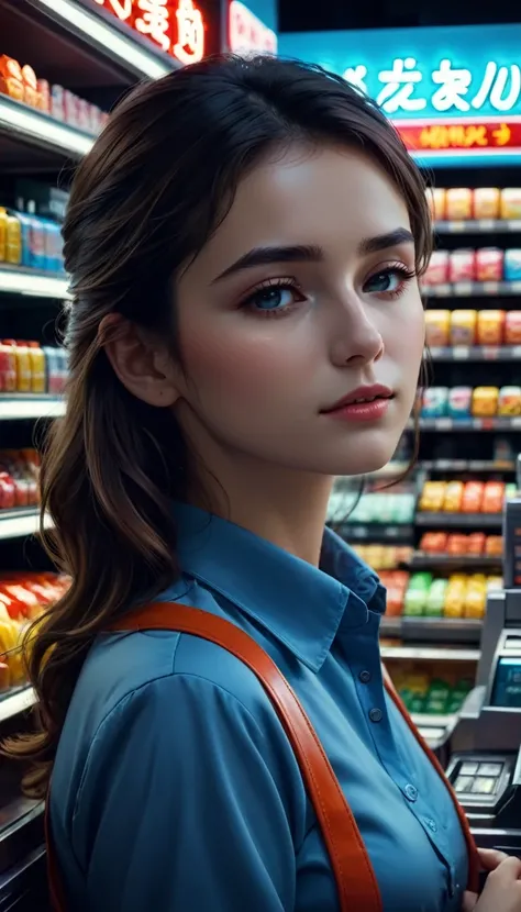 best quality,4k,highres,masterpiece:1.2,ultra-detailed,realistic, medium close up portrait, 

midnight convenience store,sleeping on the cash register tired young woman cashier,head resting on her hand,tired face,snoozing,

lighting:soft rays from the ceil...