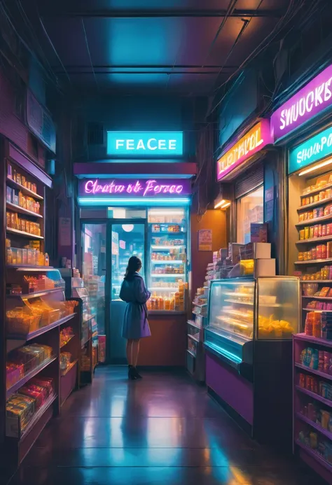 1girl, midnight convenience store, aesthetic, neon night page, vibrant city lights, dimly lit shelves full of snacks and drinks,...