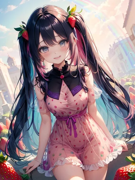 小さなgirl、Glasses、petal、thick thighs、big ass、 (alone:1.5,)Super detailed,bright colors, very beautiful detailed anime face and eyes, look straight, shiny_skin,girl,(((long hair、rainbow colored hair, colorful hair, Half black、half pink hair: 1.2)))  、forehead...