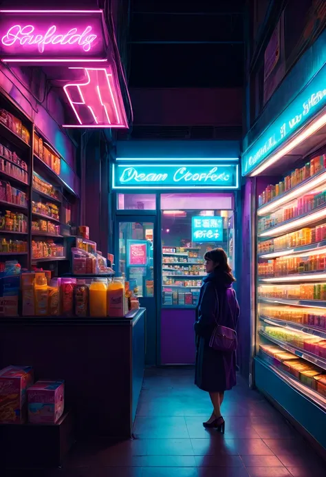 1girl, midnight convenience store, aesthetic, neon night page, vibrant city lights, dimly lit shelves full of snacks and drinks,...