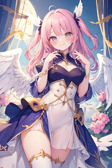 beautiful illustrations, highest quality, pretty girl,beautiful girl、clear face、 half girl、pastel colour 、blush、perfect hands、five fingers、fantasy、fantasy、thighs、(perfect face:1.1), smile、Angel、Light、white wings、wings on the back