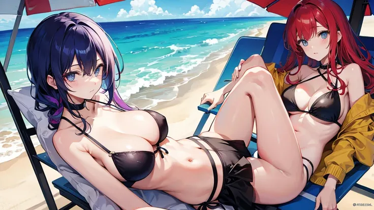 Six people,woman,There is a sense of distance,Sexy bikini swimsuit,red hair purple eyes,Blue hair and green eyes,Black hair, blue eyes,White hair and golden eyes,get beach ball