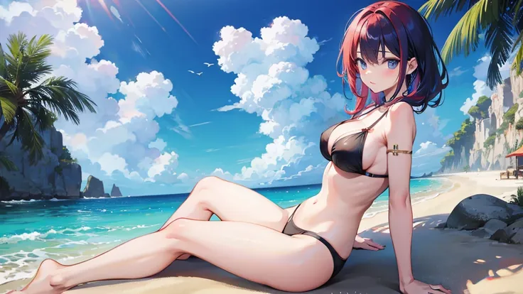 Six people,woman,There is a sense of distance,Sexy bikini swimsuit,red hair purple eyes,Blue hair and green eyes,Black hair, blue eyes,White hair and golden eyes,get beach ball