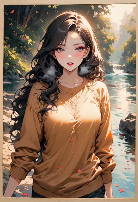 vintage movie, medium shot, depth of field, 1 Girl walking by the river, Mix 4, sweater, Mouth唇, Open_Mouth, actual, photo_(Moderate), alone ,(masterpiece),(photoactual:1.3), Super detailed, (High detail skin:1.2),(best quality:1.0), (ultra high definition...