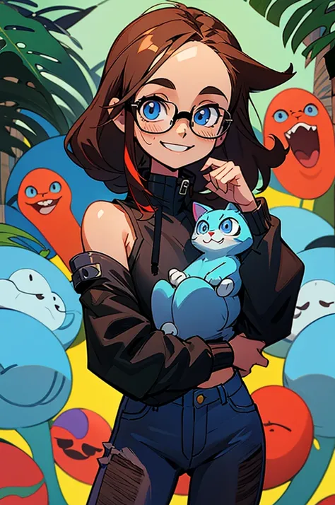 Middle-aged woman in anime style (brown shoulder-length hair, blue eyes, clear forehead, black glasses, smiling, black hoodie, jeans) with cute colorful fantasy cat in fantastic jungle world