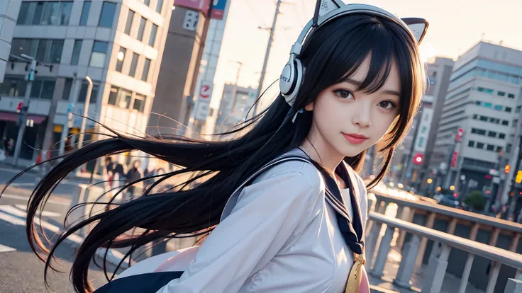 (headphones:1.3)、anime girl, small curvaceous ,, slender、soft expression、smile、detailed digital anime art, small breasts, Cute anime waifu in sailor uniform,  in a sailor suit, Night(Background of downtown Tokyo:1.3)、walk、whole body、detailed anime artワーク, ...