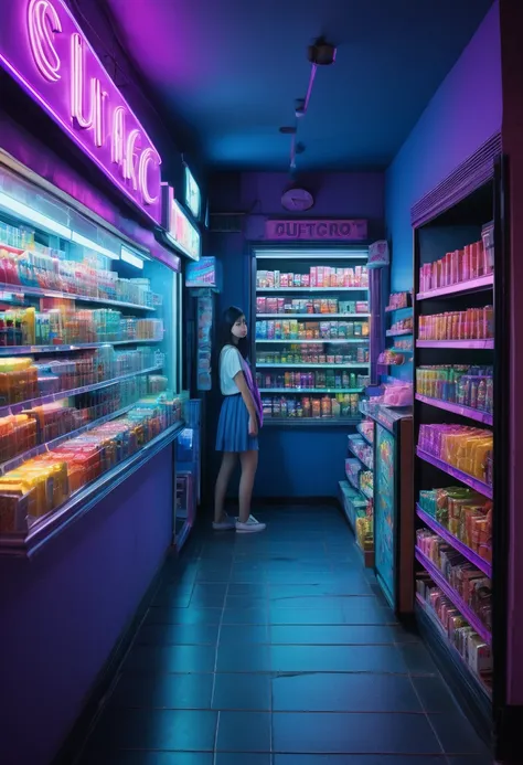 1girl, midnight convenience store, aesthetic, vibrant city lights, dimly lit shelves full of snacks and drinks, a cashier with tired eyes, fluorescent lighting casting a soft glow, late-night customers browsing the aisles, flickering neon signs outside the...