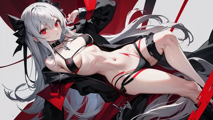 Long gray hair,blood red eyes,Necklace with cross,Wearing a black and white goth bikini