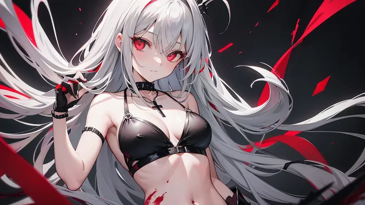 Long gray hair,blood red eyes,Necklace with cross,Wearing a black and white goth bikini