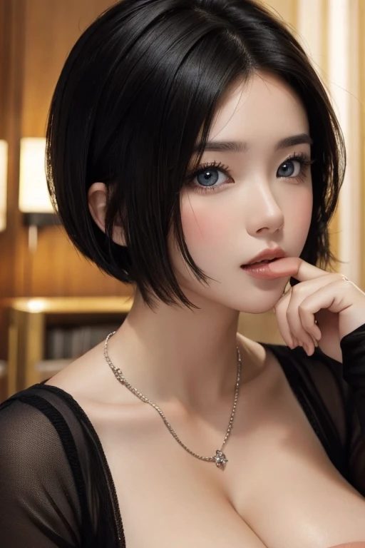 nsfw, huge tits, beautiful face, (black hair, short hair:1.3), Beautiful Hairstyles, realistic eyes, detailed and beautiful eyes, disorganized, cum in mouth