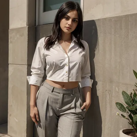 Camila Mendes dressed in a formal shirt and pants and her hips wide