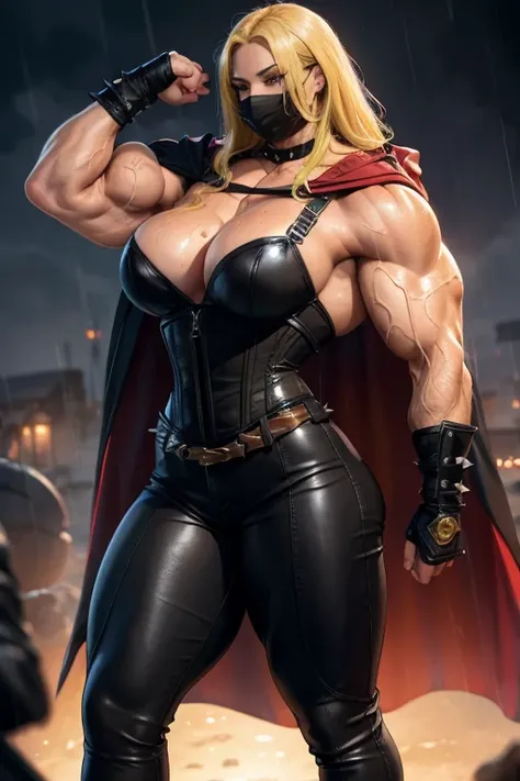 ((((Massive, tall, beautiful, buff, wet, light brown skinned muscular woman with yellow hair, black lipstick, ginormous bulky muscles, wearing a black leather corset with tight pants and hooded cape)))), (red background), close view, (massive muscles), mas...